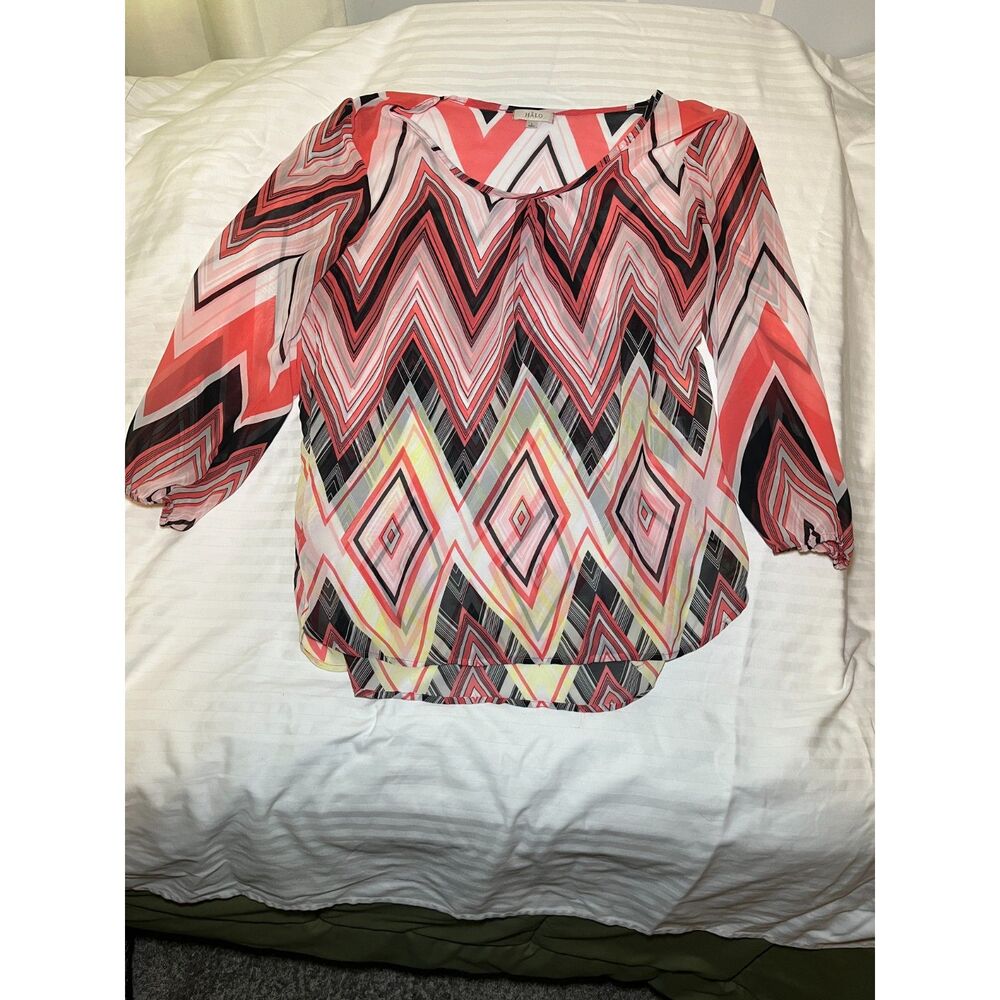 HALO Womens Sheer Blouse Size Large Pink Black Geometric Chevron Top 3/4 Sleeve